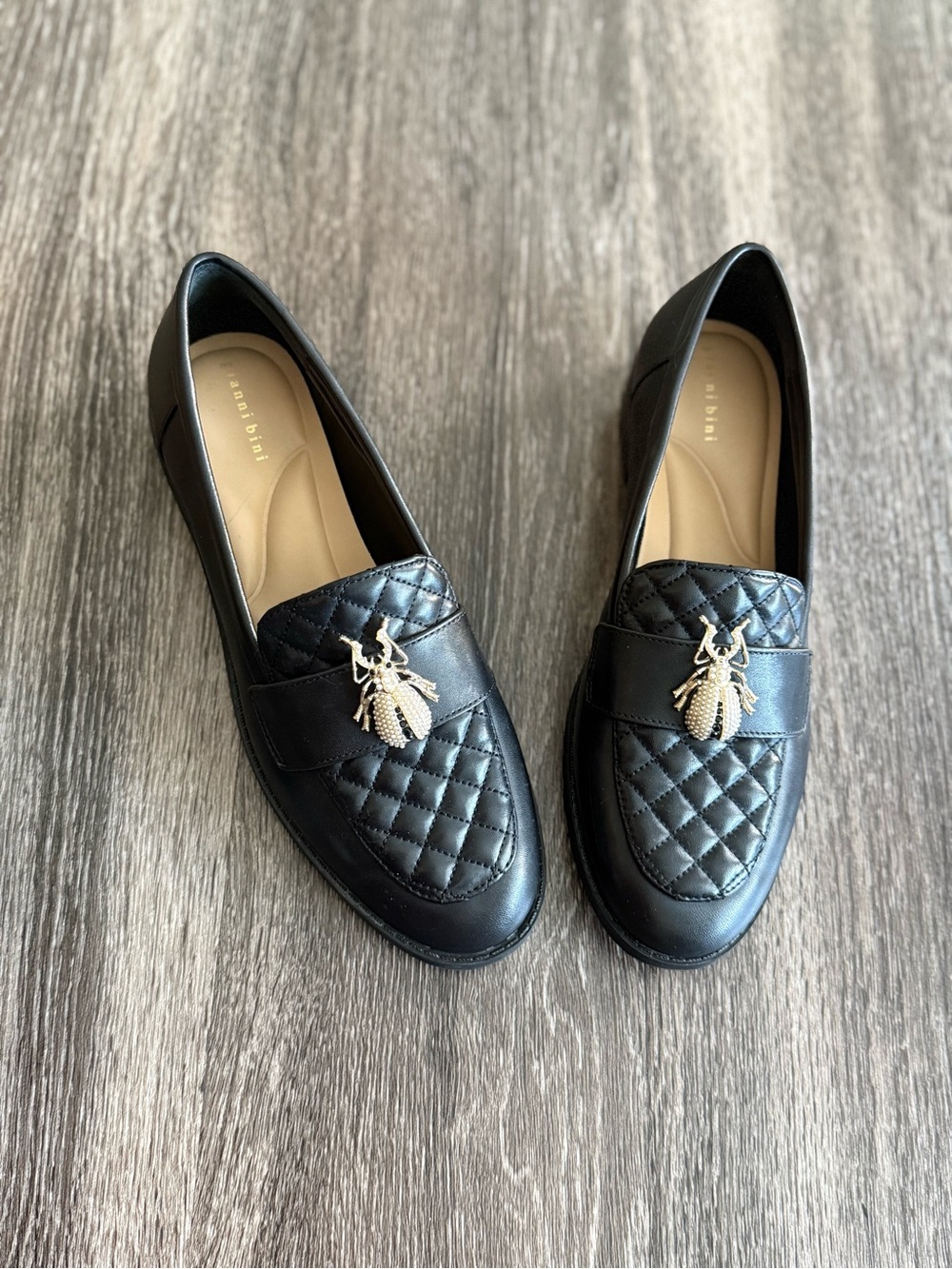 Gianni Bini Black Loafers with Beetle Ornament
